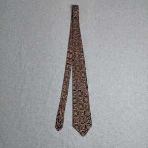 Lands End geometric silk tie with peacock figures/gold chain details Made USA